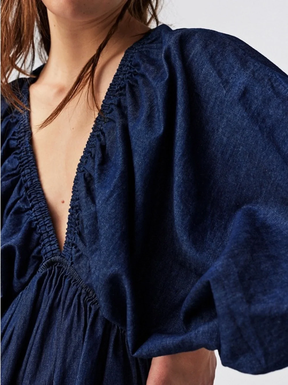 Free People Portia Demin Mini Dress Blue Summer Capsule Puff Sleeve | Medium